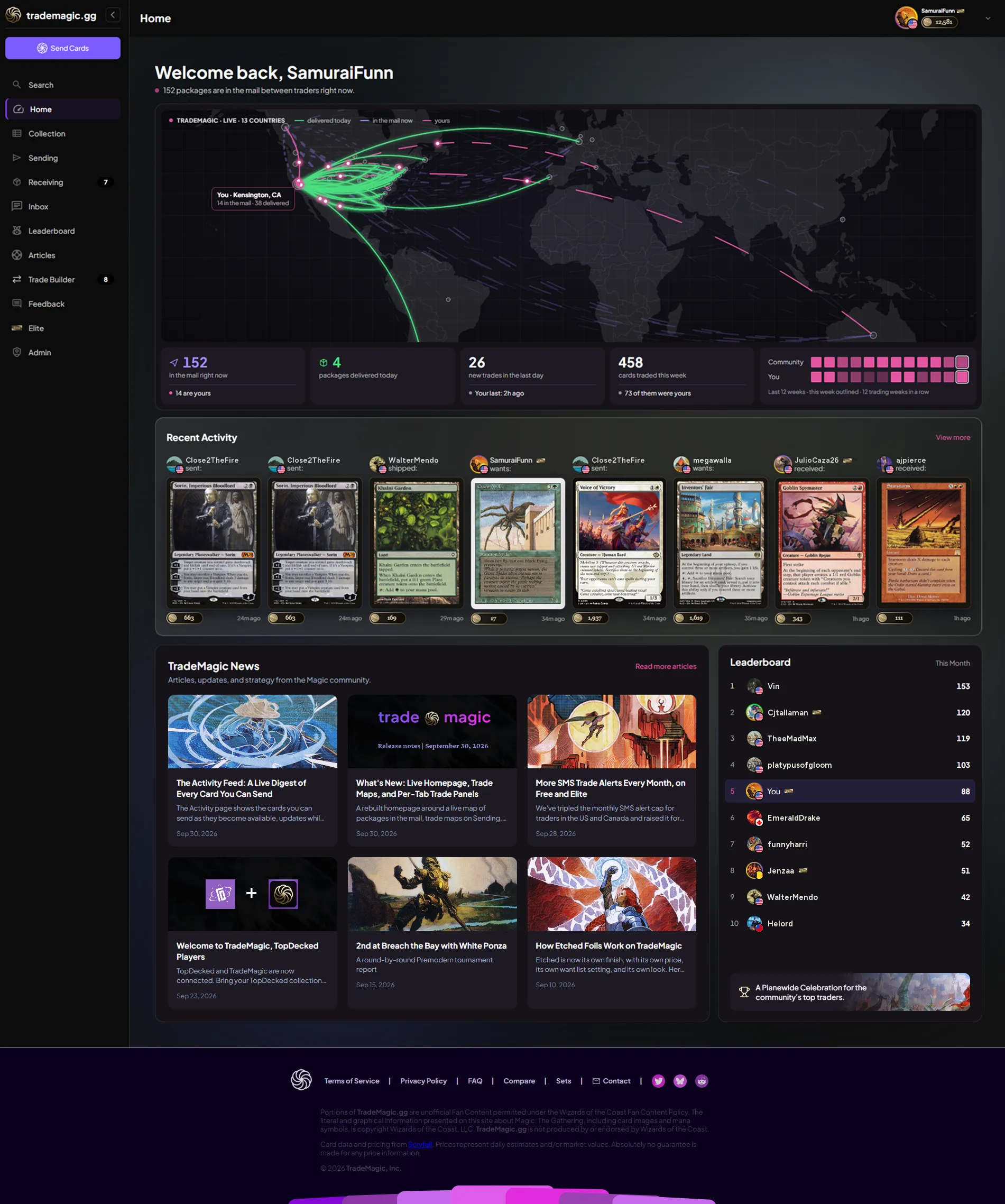 TradeMagic home dashboard with live trade map